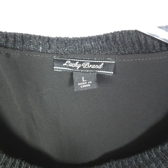 Lucky Brand Womens Large Black 3/4 Lace Sleeve Crew Neck Linen Blend Sweater - Picture 2 of 9